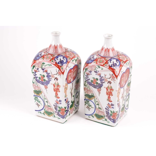 88 - A pair of Arita Imari square vases, circa 1900, based upon gin bottles of the 17th century, the neck... 