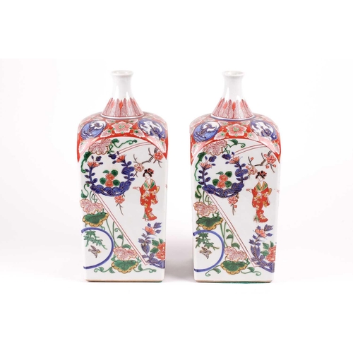 88 - A pair of Arita Imari square vases, circa 1900, based upon gin bottles of the 17th century, the neck... 