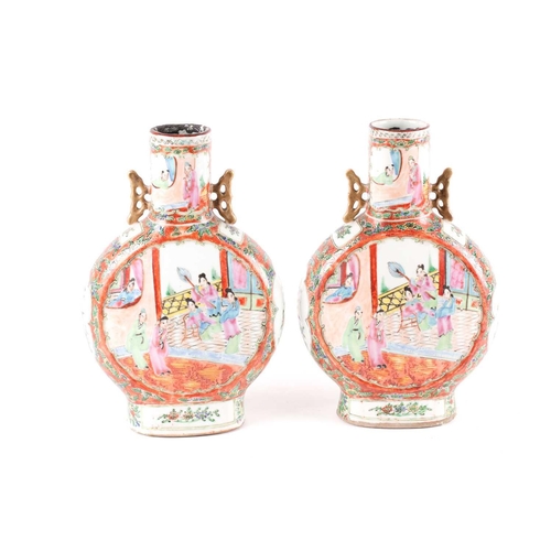 89 - A pair of canton enamel porcelain moon flasks, Bianhu, early 20th century, painted with panels of co... 