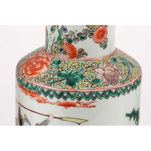 90 - A Chinese famille verte rouleau vase, 19th century, the neck painted with bamboo and chrysanthemums ... 