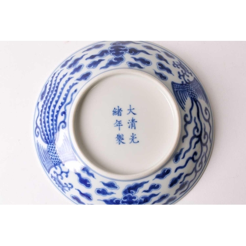 91 - A Chinese blue & white double phoenix dish, six character mark of Guangxu and possibly of the period... 