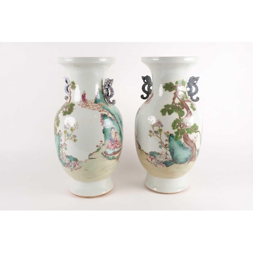 97 - A pair of large Chinese Famille rose porcelain baluster vases with pieced cloud handles. Probably la... 