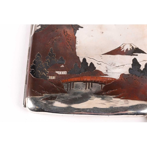 104 - A Japanese sterling silver cigarette case, Taisho/Showa period, the landscape decoration in oxidised... 