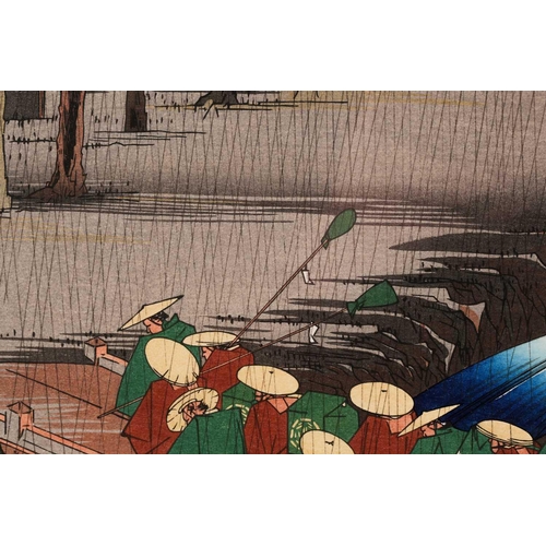 115 - Ando Hiroshige (1797 - 1858), Spring Rain at Tsuchiyama, 50th station of the Tokaido, censors kiwame... 