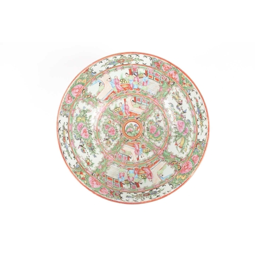 129 - A Chinese Famille rose porcelain circular bowl, late 19th century. Painted with vignette panels of f... 