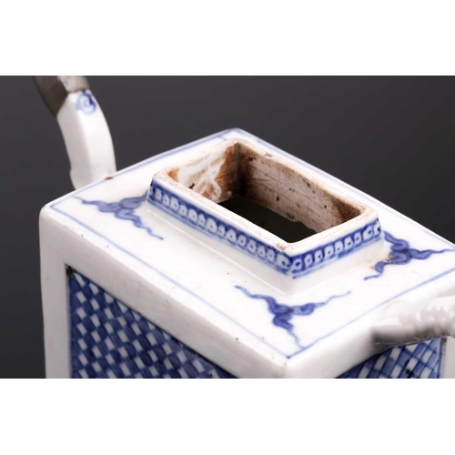 131 - A Chinese porcelain blue & white square teapot, 18th century, the metal mounted cover with moulded f... 