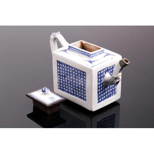 131 - A Chinese porcelain blue & white square teapot, 18th century, the metal mounted cover with moulded f... 