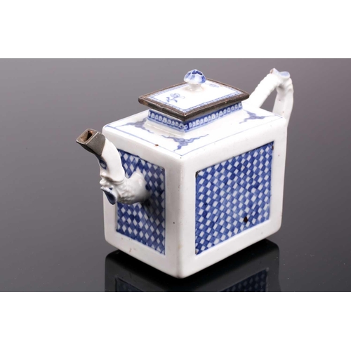 131 - A Chinese porcelain blue & white square teapot, 18th century, the metal mounted cover with moulded f... 