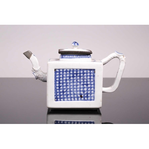 131 - A Chinese porcelain blue & white square teapot, 18th century, the metal mounted cover with moulded f... 