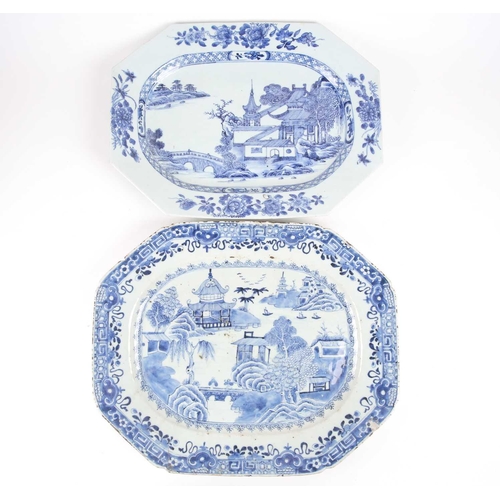 135 - Two Chinese blue & white export porcelain meat platters, late 18th century, each with landscape deco... 