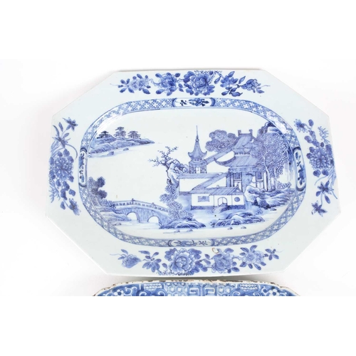 135 - Two Chinese blue & white export porcelain meat platters, late 18th century, each with landscape deco... 