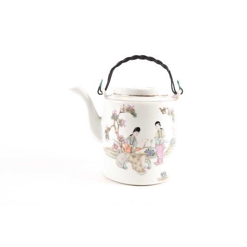 143 - A Chinese Famille rose porcelain teapot and cover of plain cylindrical form. Late Qing dynasty proba... 