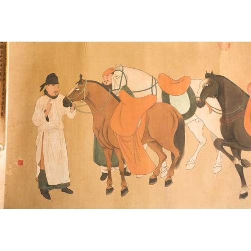 147 - A Chinese Ming style scroll painting on silk, Qing dynasty, painted with four horses with two attend... 