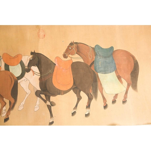 147 - A Chinese Ming style scroll painting on silk, Qing dynasty, painted with four horses with two attend... 