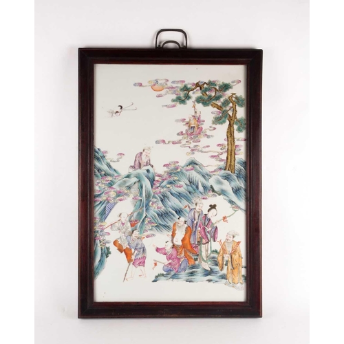 154 - A large Chinese Famille rose porcelain rectangular plaque. Probably late Qing dynasty. Painted with ... 
