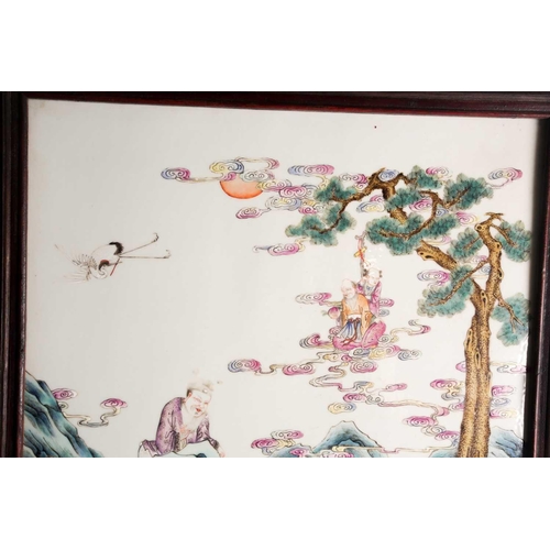 154 - A large Chinese Famille rose porcelain rectangular plaque. Probably late Qing dynasty. Painted with ... 