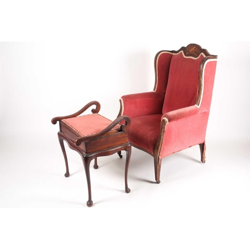 165 - An Edwardian mahogany inlaid armchair, upholstered with musical instruments, together with a matchin... 