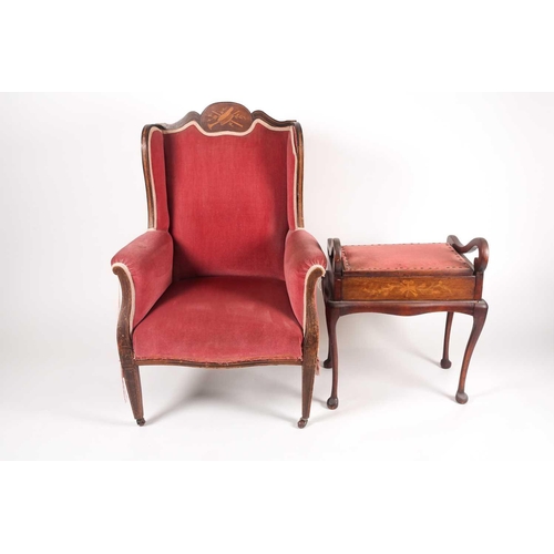 165 - An Edwardian mahogany inlaid armchair, upholstered with musical instruments, together with a matchin... 