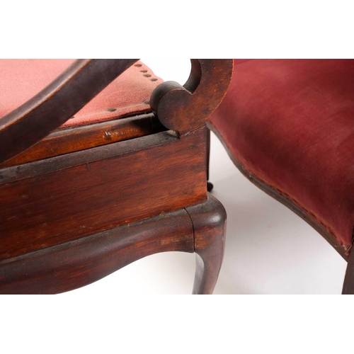 165 - An Edwardian mahogany inlaid armchair, upholstered with musical instruments, together with a matchin... 