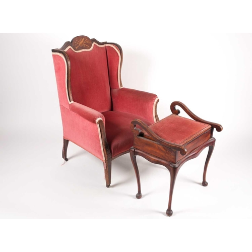 165 - An Edwardian mahogany inlaid armchair, upholstered with musical instruments, together with a matchin... 