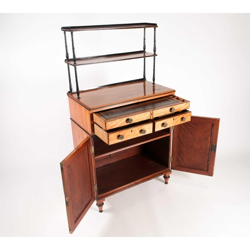 169 - A Regency ebonised and figured satinwood chiffonier with a fitted secretaire frieze drawer, with sup... 