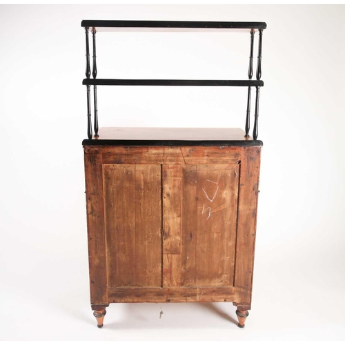 169 - A Regency ebonised and figured satinwood chiffonier with a fitted secretaire frieze drawer, with sup... 