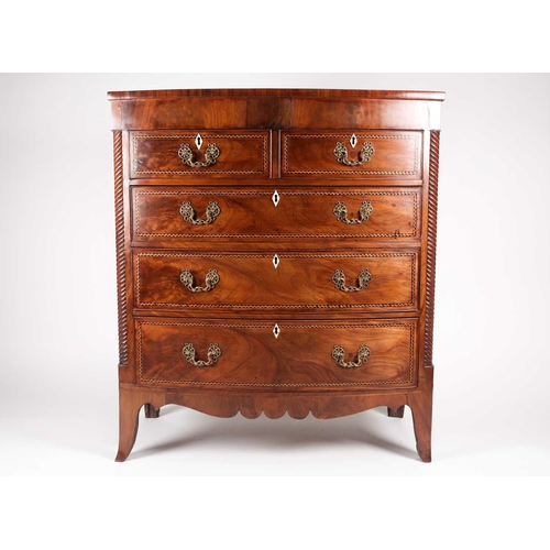 176 - A George III North Country mahogany bowfront chest of drawers, with inlaid parquetry decoration, fit... 