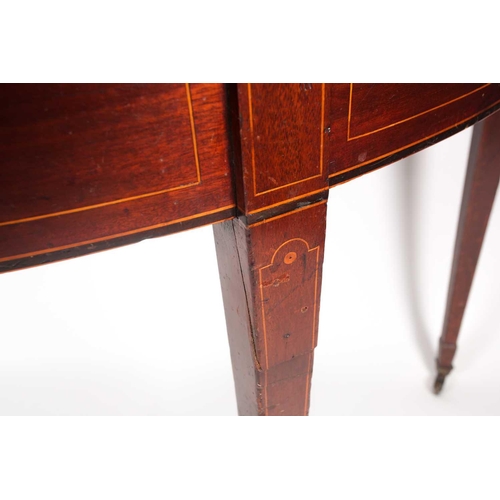 178 - A pair of George III mahogany demi-lune side tables with satinwood and ebony strung detail. Supporte... 