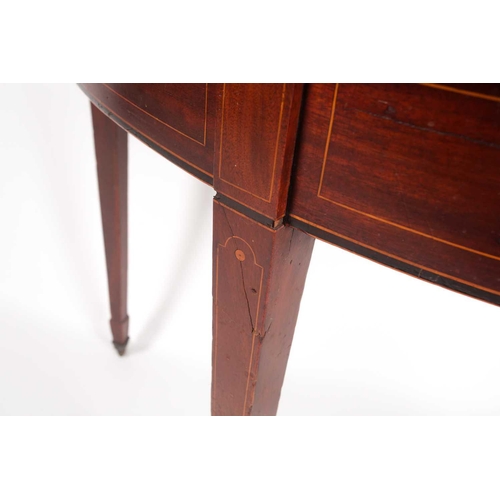 178 - A pair of George III mahogany demi-lune side tables with satinwood and ebony strung detail. Supporte... 