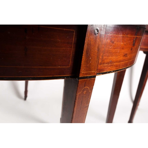 178 - A pair of George III mahogany demi-lune side tables with satinwood and ebony strung detail. Supporte... 