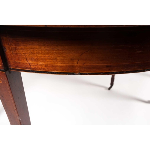 178 - A pair of George III mahogany demi-lune side tables with satinwood and ebony strung detail. Supporte... 