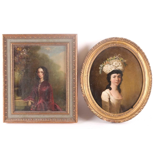 15 - An 18th century English school waist-length oval portrait of a lady with a floral headdress, oil on ... 