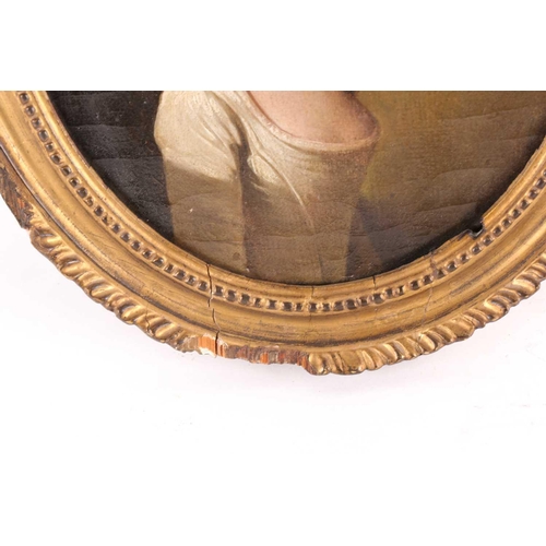 15 - An 18th century English school waist-length oval portrait of a lady with a floral headdress, oil on ... 