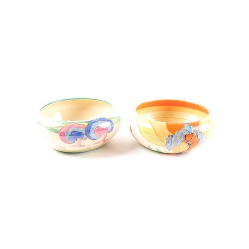 234 - Two Clarice Cliff pottery bowls, 'Windbells' and 'Autumn' pattern variation, inverted rims. Printed ... 