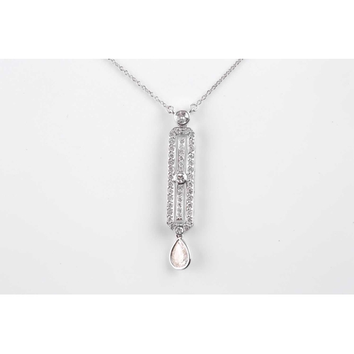 108 - An 18ct white gold and diamond drop pendant, in the Art Deco style, set with a mixed pear-cut diamon... 