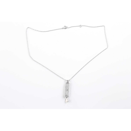 108 - An 18ct white gold and diamond drop pendant, in the Art Deco style, set with a mixed pear-cut diamon... 