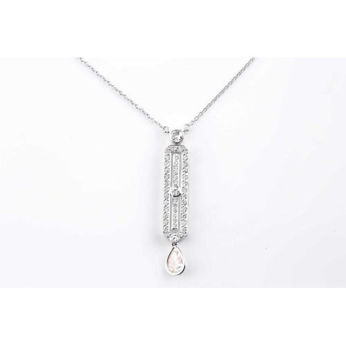 108 - An 18ct white gold and diamond drop pendant, in the Art Deco style, set with a mixed pear-cut diamon... 