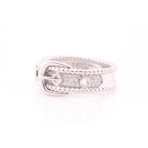 109 - An 18ct white gold and diamond buckle ring, the mount pave-set with round brilliant-cut diamond acce... 