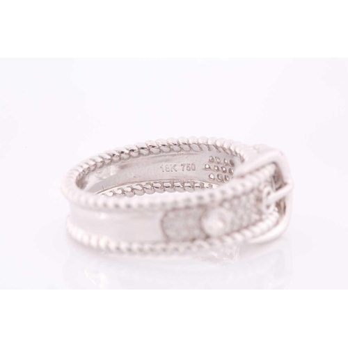 109 - An 18ct white gold and diamond buckle ring, the mount pave-set with round brilliant-cut diamond acce... 