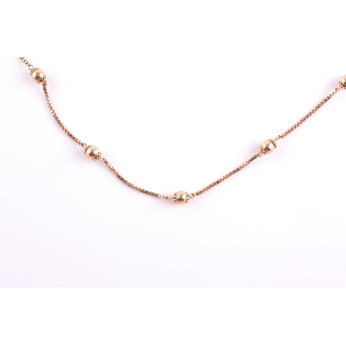 112 - A 9ct rose gold box-link and orb bead chain, makers mark Balestra to clasp, approximately 60 cm long... 