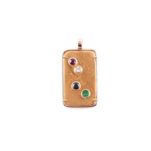 113 - An unusual yellow metal and gemstone ingot pendant, set with a Credit Suisse ingot, numbered 464091,... 