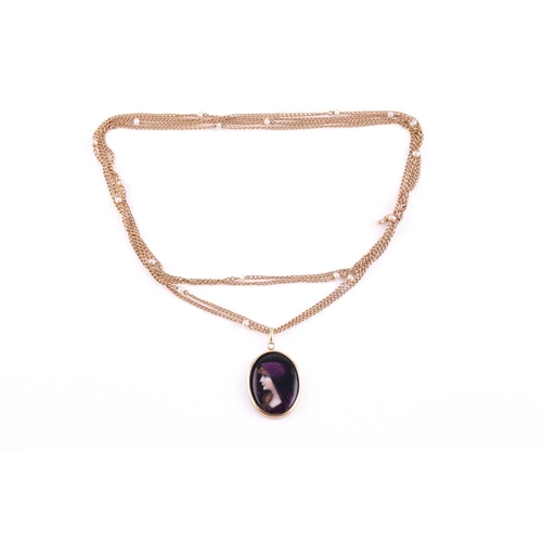 298 - A yellow metal mounted Limoges enamel pendant, of oval form, depicting a young girl in side profile,... 