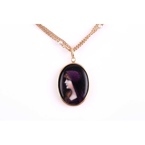 298 - A yellow metal mounted Limoges enamel pendant, of oval form, depicting a young girl in side profile,... 