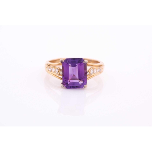 305 - A yellow metal, diamond, and amethyst ring, set with an emerald-cut amethyst, measuring approximatel... 