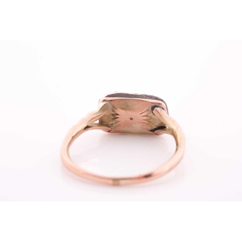 308 - An early to mid 19th century yellow metal, diamond, and pink stone ring, set with a rectangular smoo... 