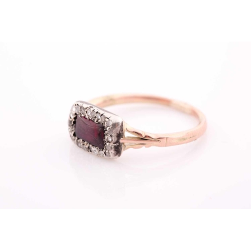 308 - An early to mid 19th century yellow metal, diamond, and pink stone ring, set with a rectangular smoo... 