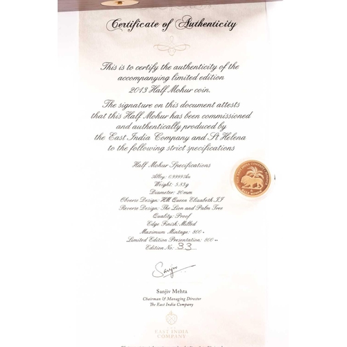 316 - An East India Company 22ct gold Half Mohur, 2013, No.33 of a limited edition of 800, in capsule and ... 