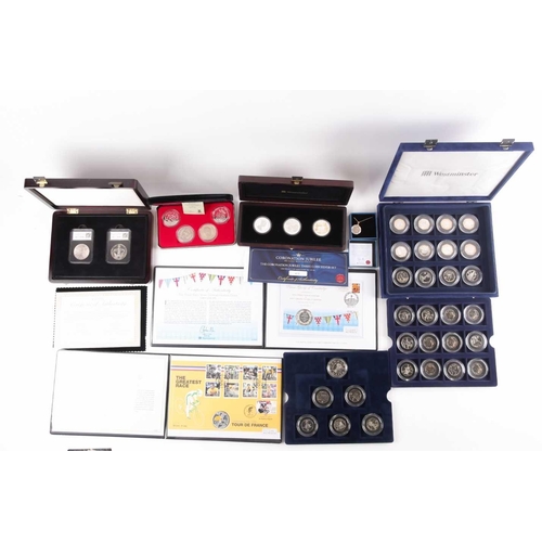 317 - Seven boxed commemorative coin sets, comprising: 1953 Coronation Sixpence in gold-plated diamond pen... 