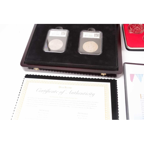 317 - Seven boxed commemorative coin sets, comprising: 1953 Coronation Sixpence in gold-plated diamond pen... 