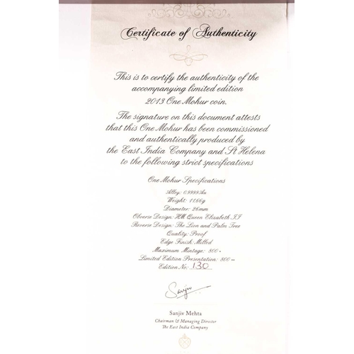 319 - An East India Company 22ct gold One Mohur, 2013, No.130 of a limited edition of 800, in capsule and ... 